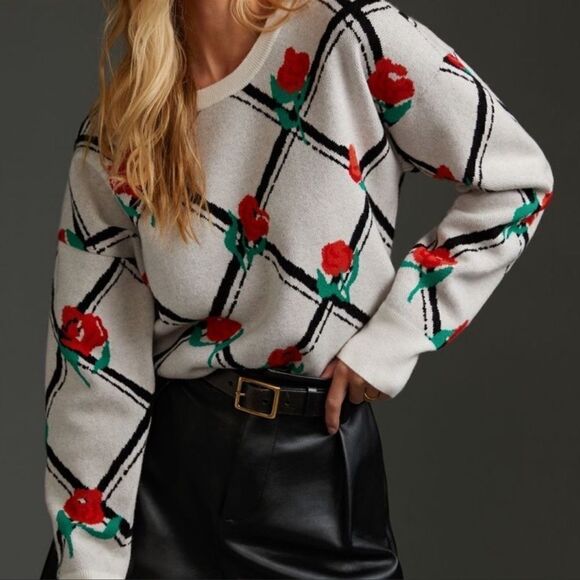 Anthro XXSP Maeve White Oversized Crop Crewneck Trellis Floral Pullover - Picture 4 of 17